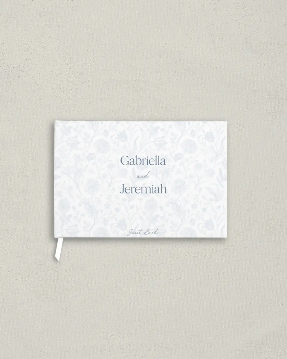 This is a 9" x 6" Wedding Guest Book called The Gabriella printed in full color with Silver foil