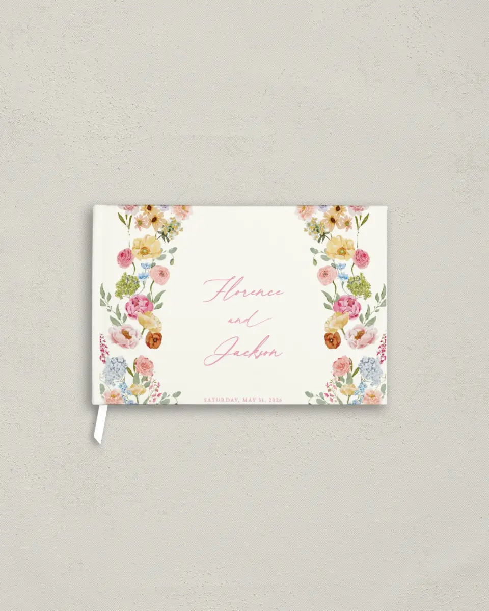 This is a 9" x 6" Wedding Guest Book called The Florence printed in full color with Silver foil