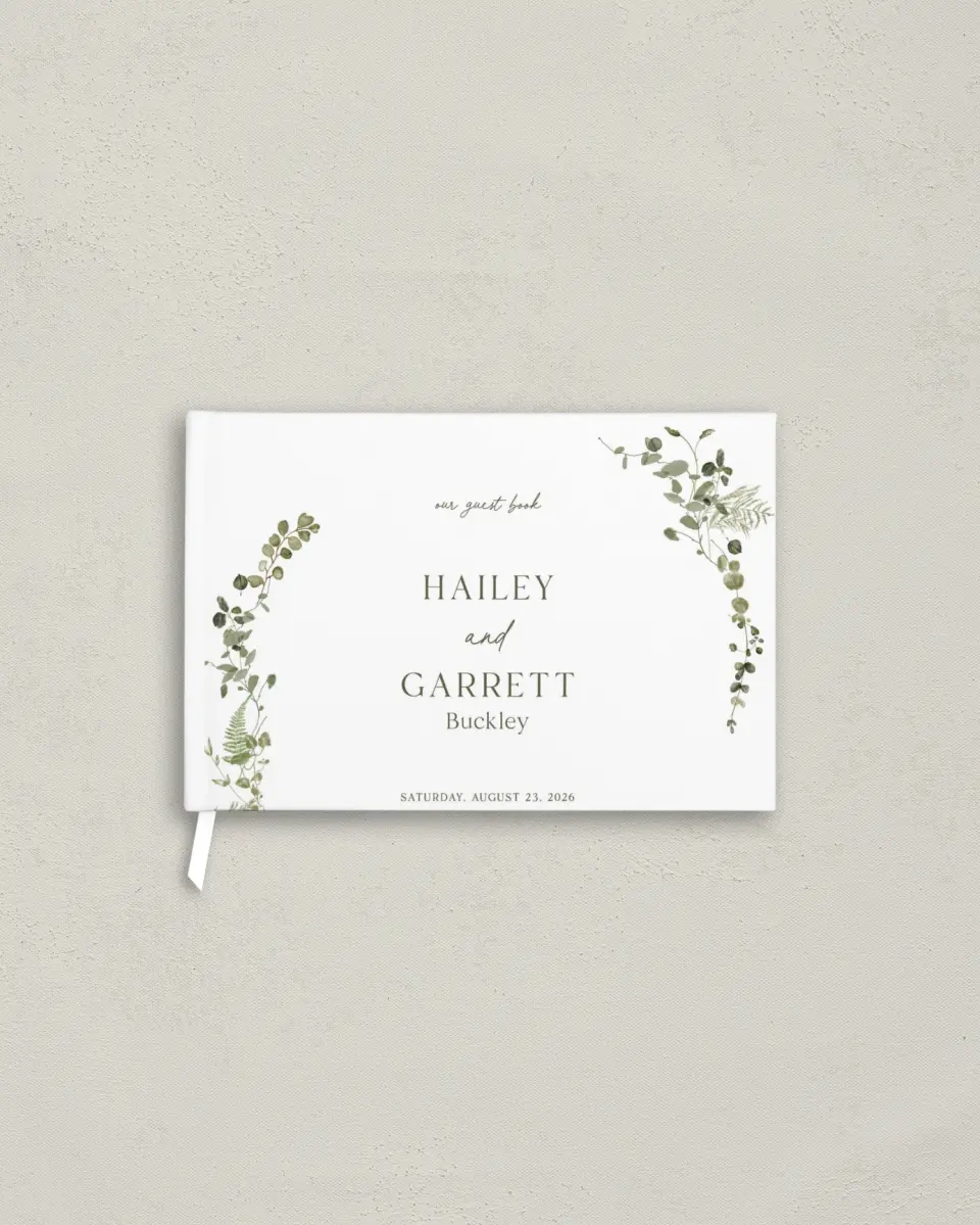 This is a 9" x 6" Wedding Guest Book called The Hailey printed in full color with Silver foil