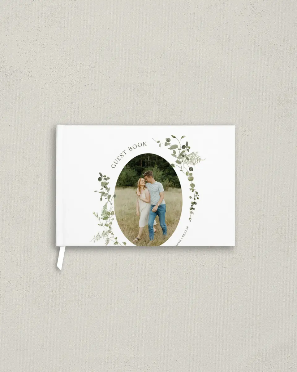 This is a 9" x 6" Wedding Guest Book called The Hailey printed in full color with Silver foil