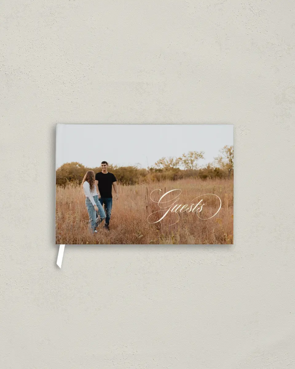 This is a 9" x 6" Wedding Guest Book called Sophisticated Script printed in full color