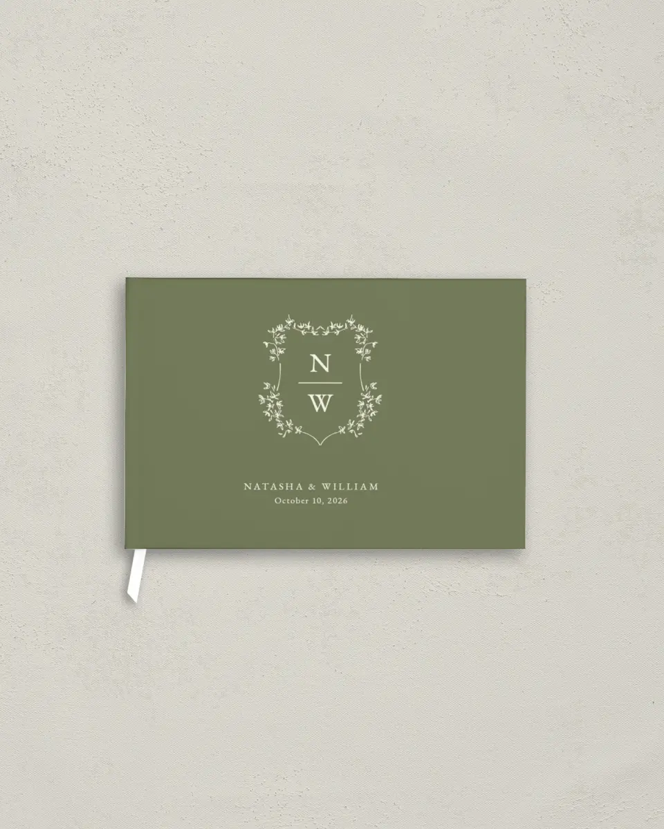 This is a 9" x 6" Wedding Guest Book called Our Emblem printed in full color