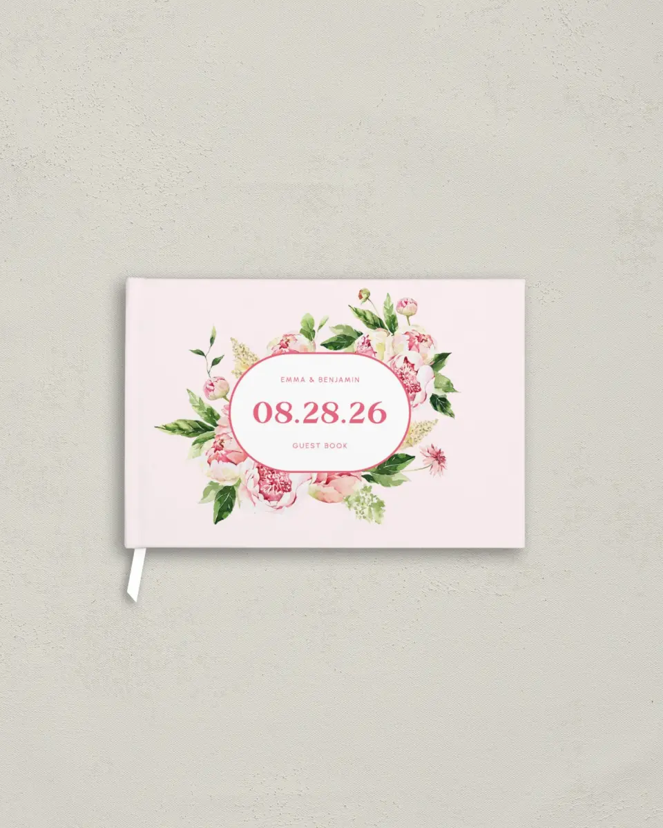 This is a 9" x 6" Wedding Guest Book called Pink Peonies printed in full color with Rose Gold foil