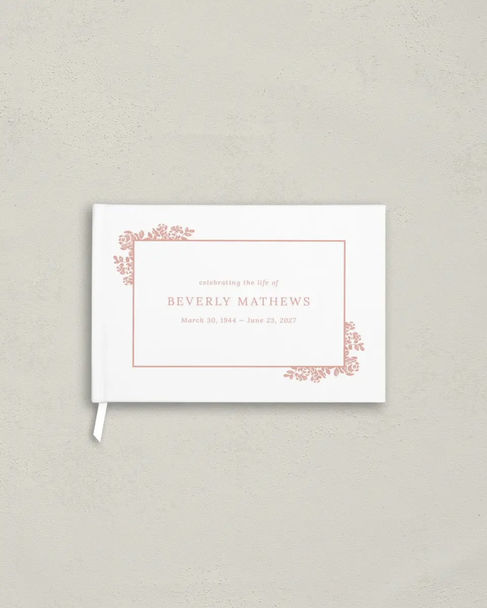 This is a 9" x 6" Memorial Guest Book called Beloved Blooms printed in full color