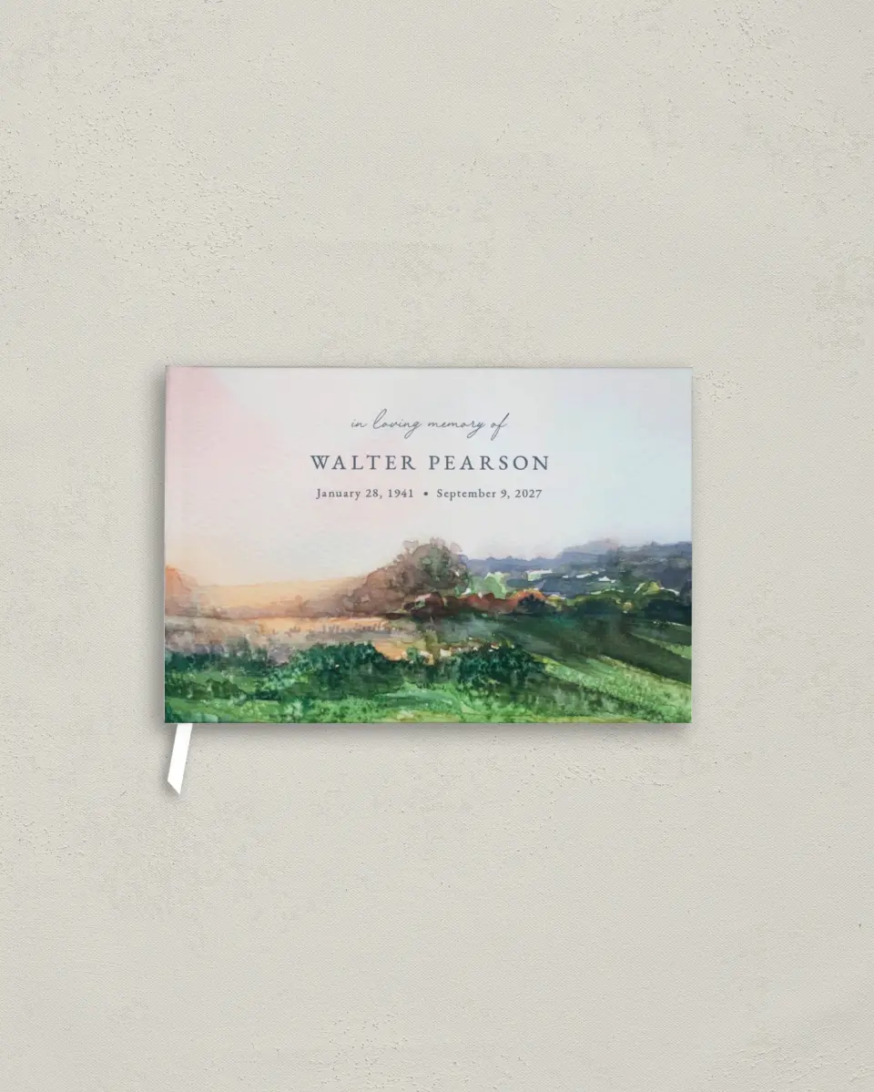 This is a 9" x 6" Memorial Guest Book called Peaceful Horizon printed in full color