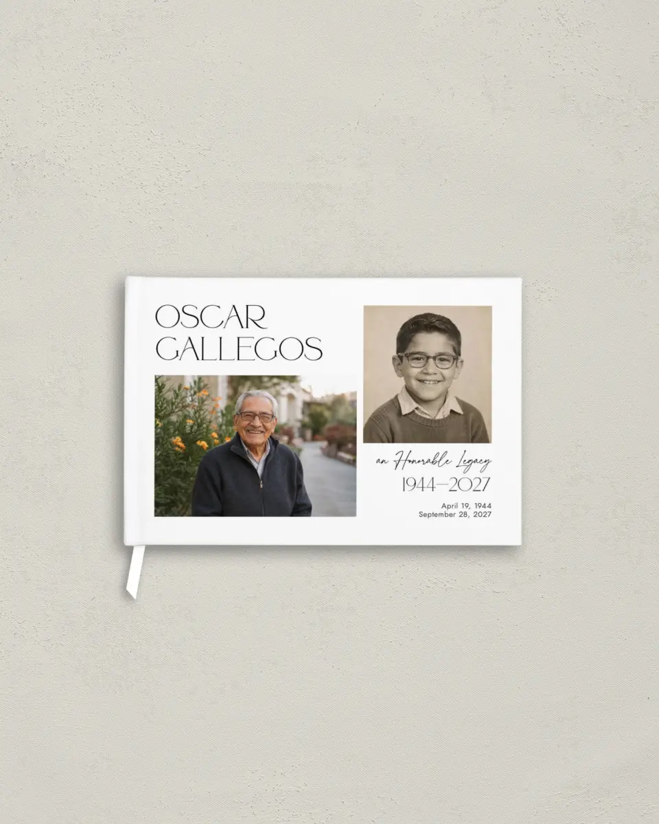 This is a 9" x 6" Memorial Guest Book called Honorable Life printed in full color