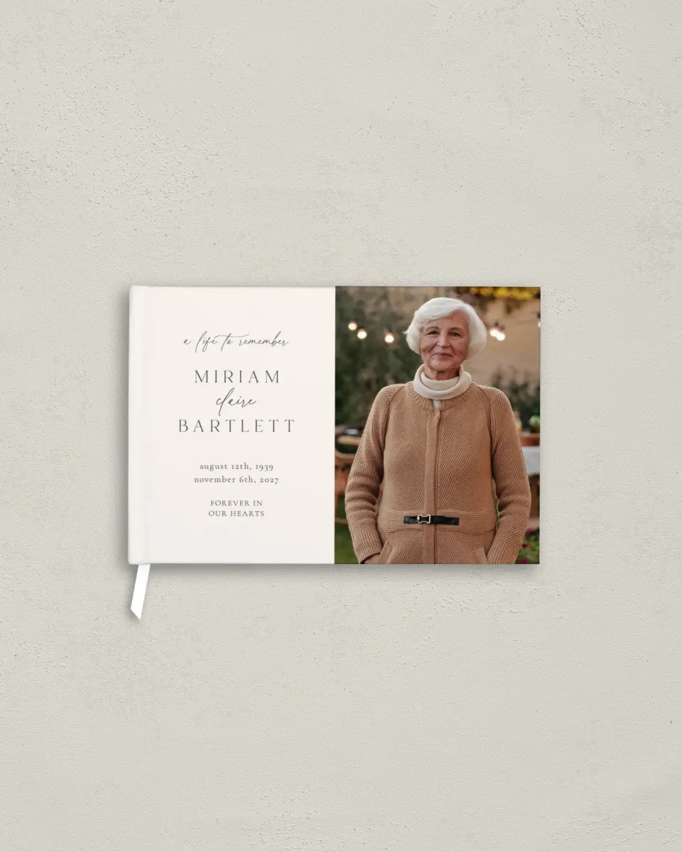 This is a 9" x 6" Memorial Guest Book called Cherished Life printed in full color