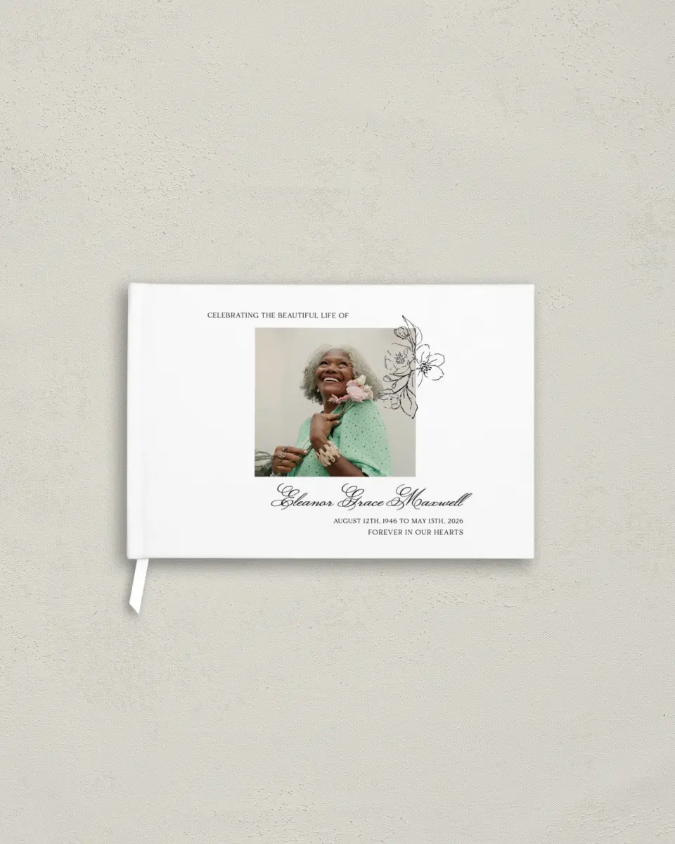This is a 9" x 6" Memorial Guest Book called Peaceful Petals printed in full color