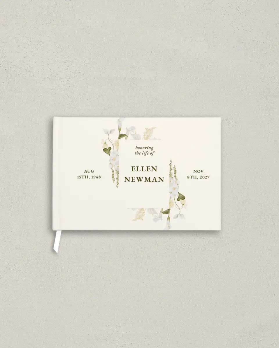 This is a 9" x 6" Memorial Guest Book called Lovely Lilies printed in full color