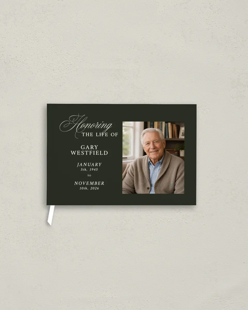This is a 9" x 6" Memorial Guest Book called Leaving a Legacy printed in full color