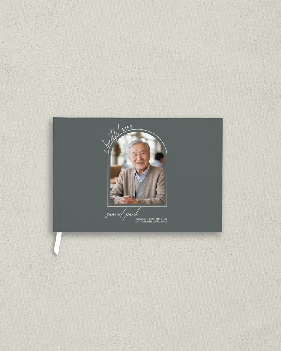This is a 9" x 6" Memorial Guest Book called Remembered Forever printed in full color