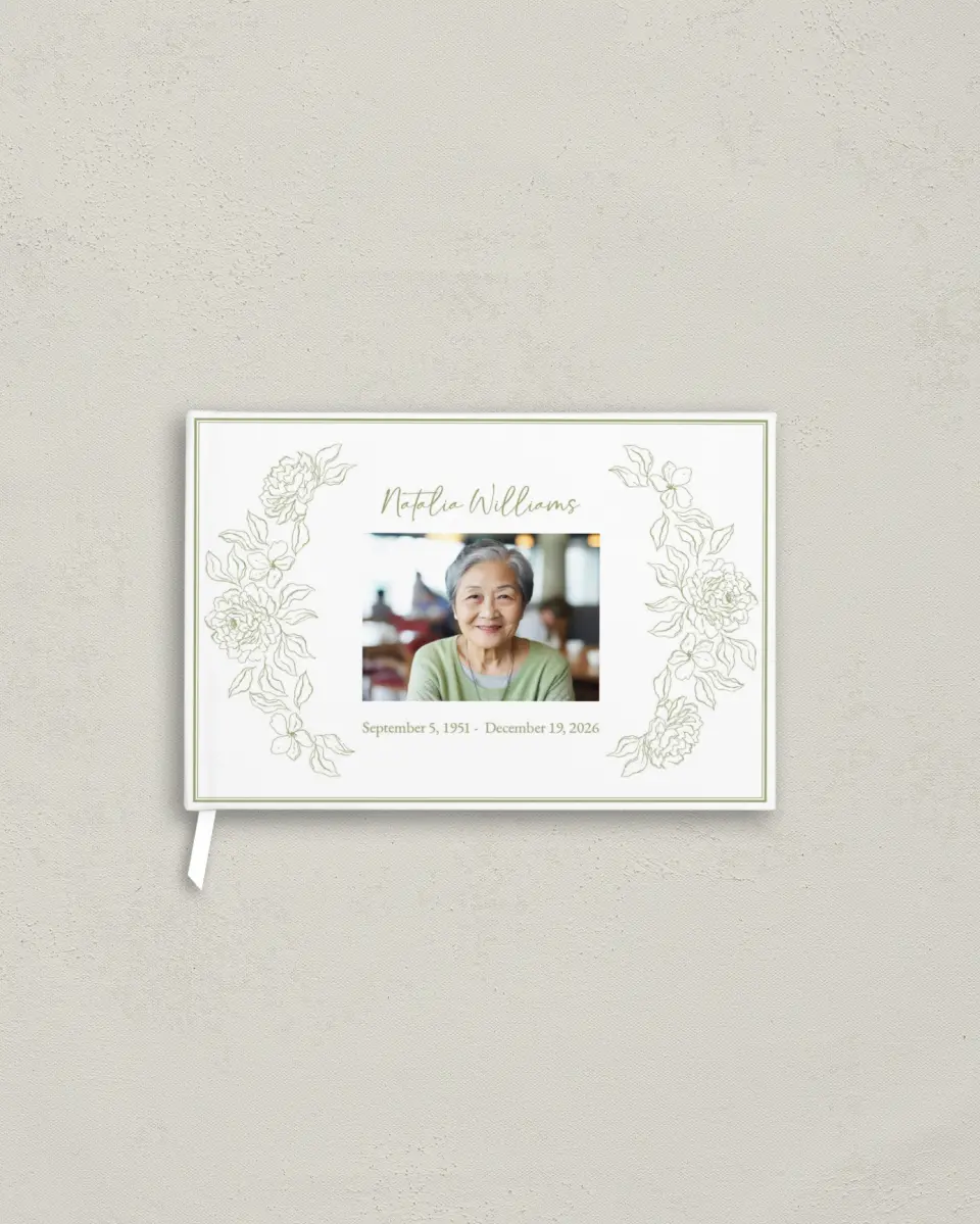 This is a 9" x 6" Memorial Guest Book called Forever Flourishing printed in full color