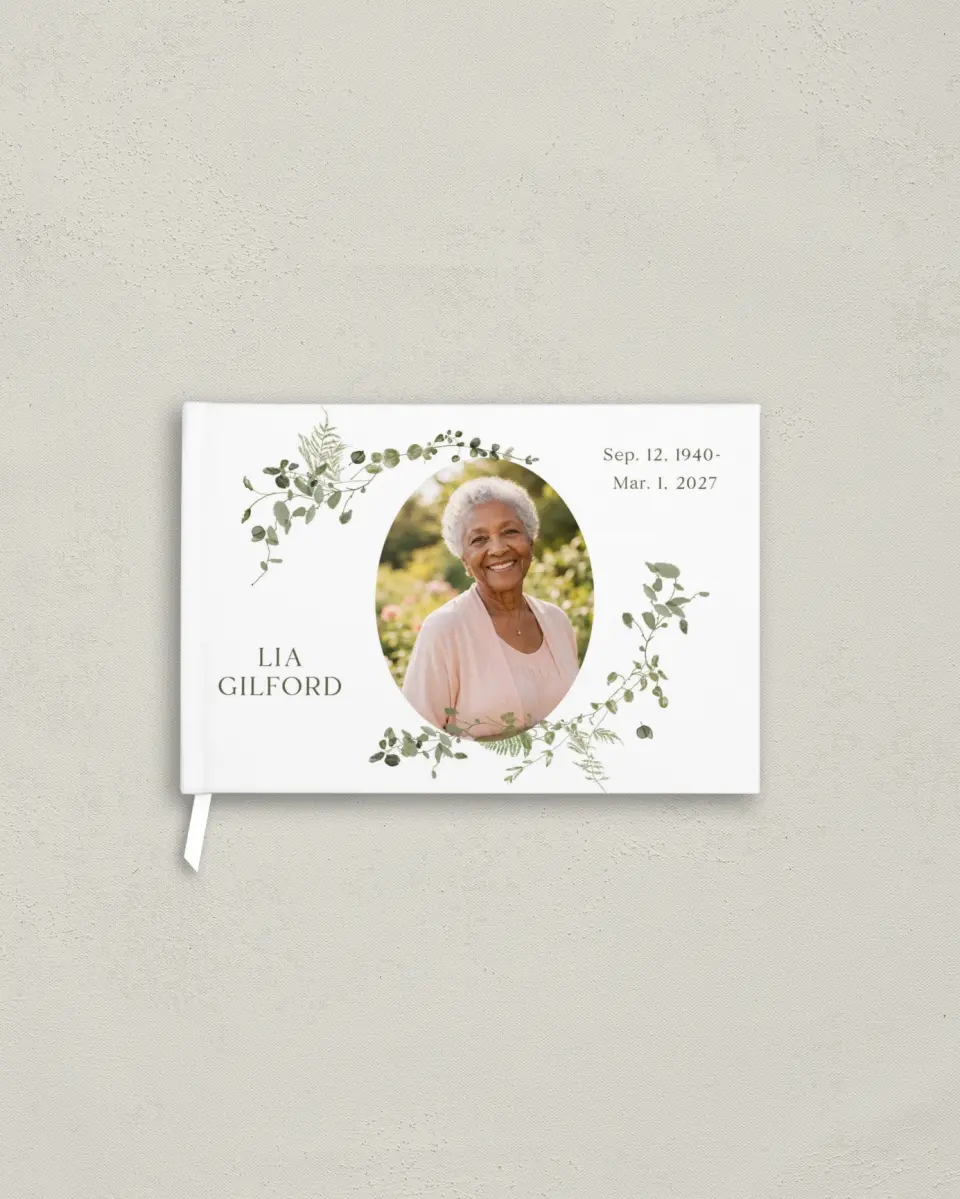 This is a 9" x 6" Memorial Guest Book called Life Legacy printed in full color