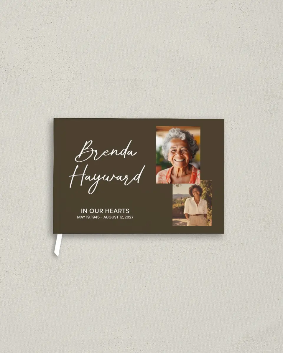 This is a 9" x 6" Memorial Guest Book called In Our Hearts printed in full color
