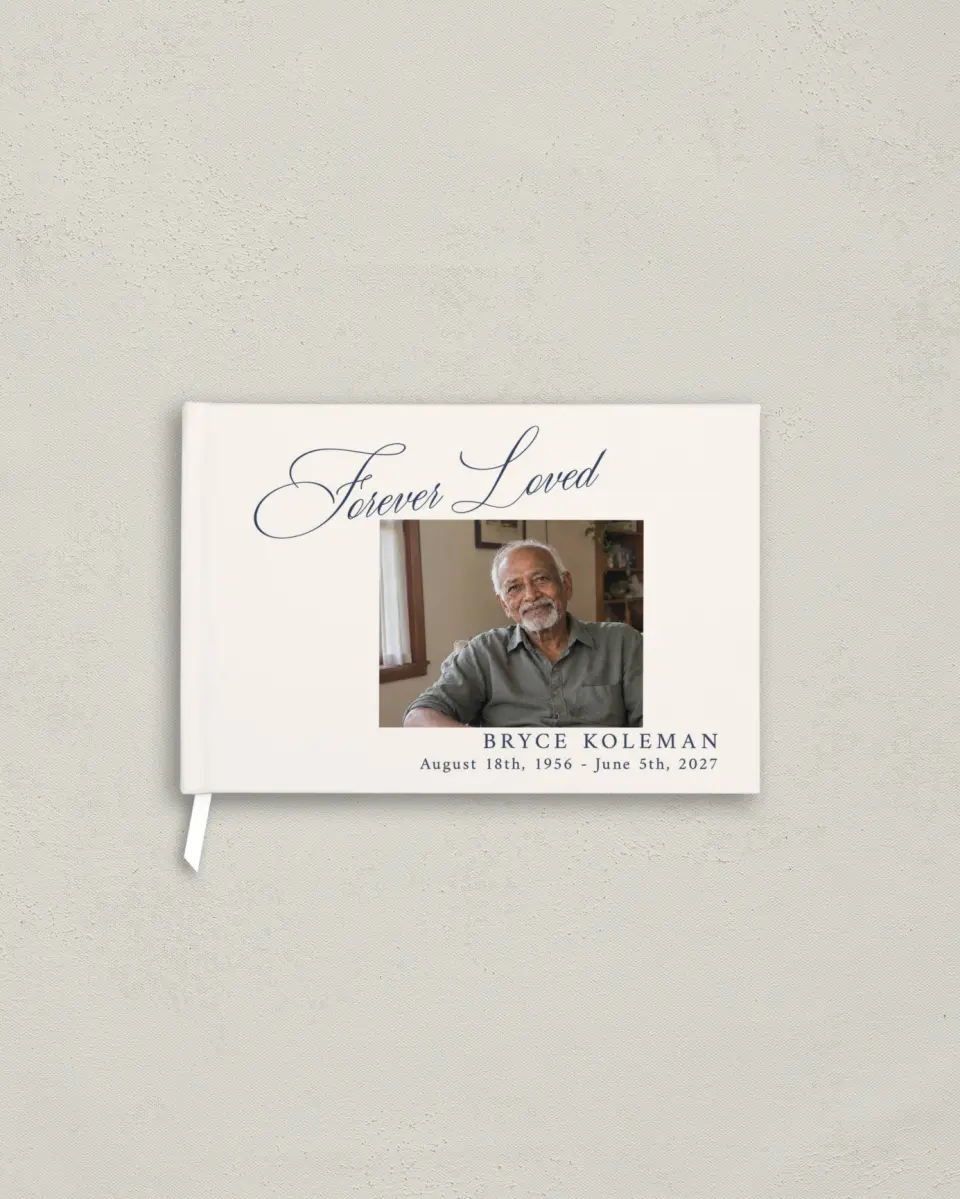 This is a 9" x 6" Memorial Guest Book called Forever Loved printed in full color