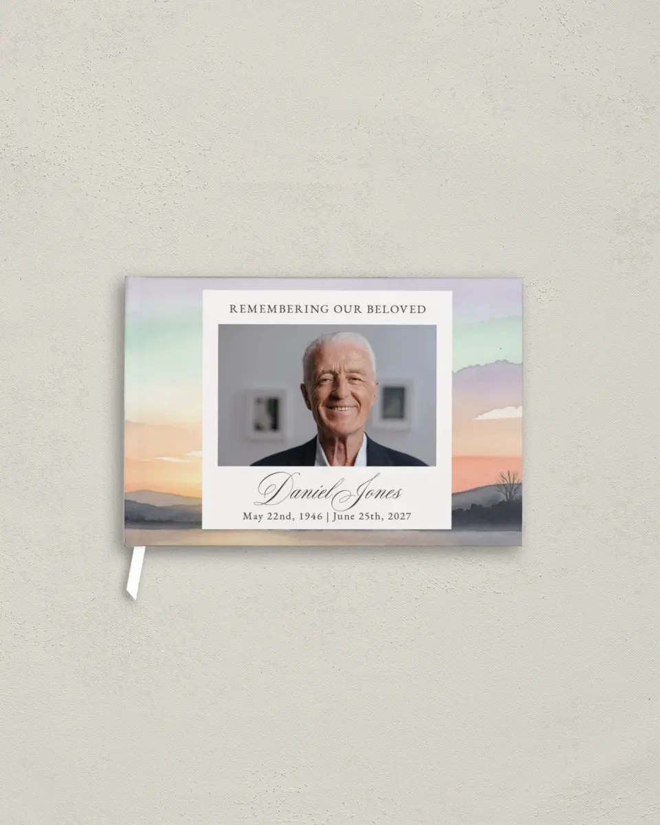 This is a 9" x 6" Memorial Guest Book called Our Beloved printed in full color