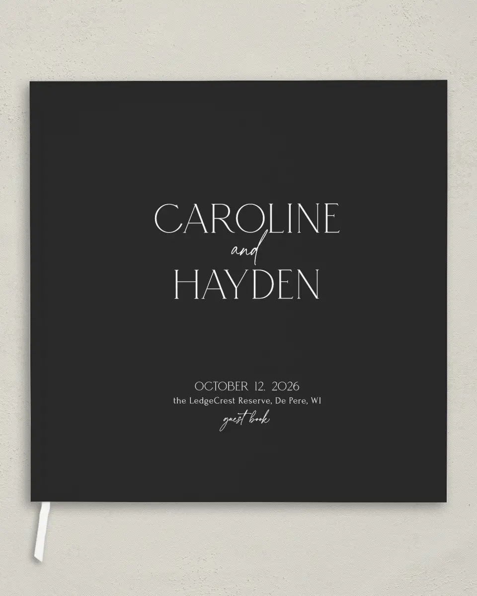 This is a 12" x 12" Wedding Guest Book called The Caroline printed in full color with Gold foil