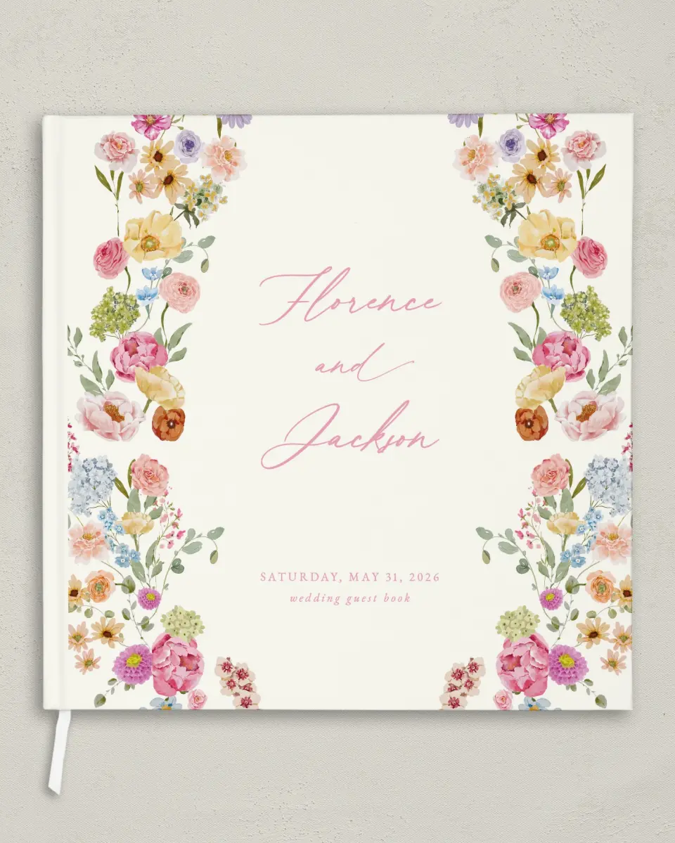 This is a 12" x 12" Wedding Guest Book called The Florence printed in full color