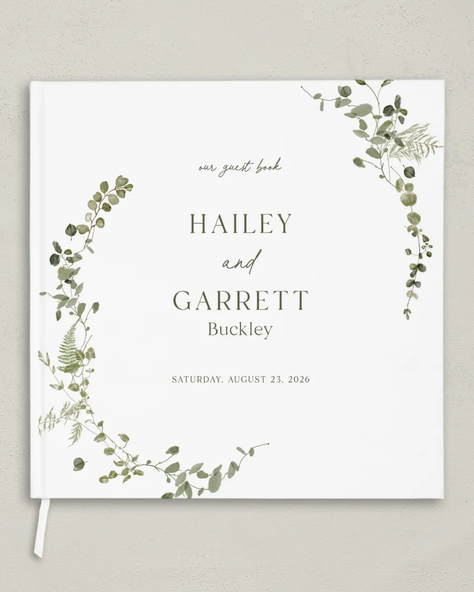 This is a 12" x 12" Wedding Guest Book called The Hailey printed in full color with Gold foil