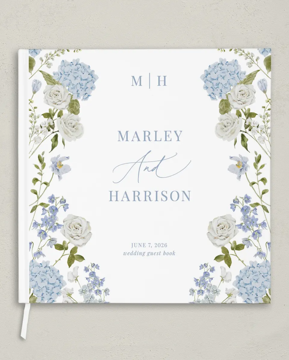 This is a 12" x 12" Wedding Guest Book called Blue Blossoms printed in full color with Gold foil