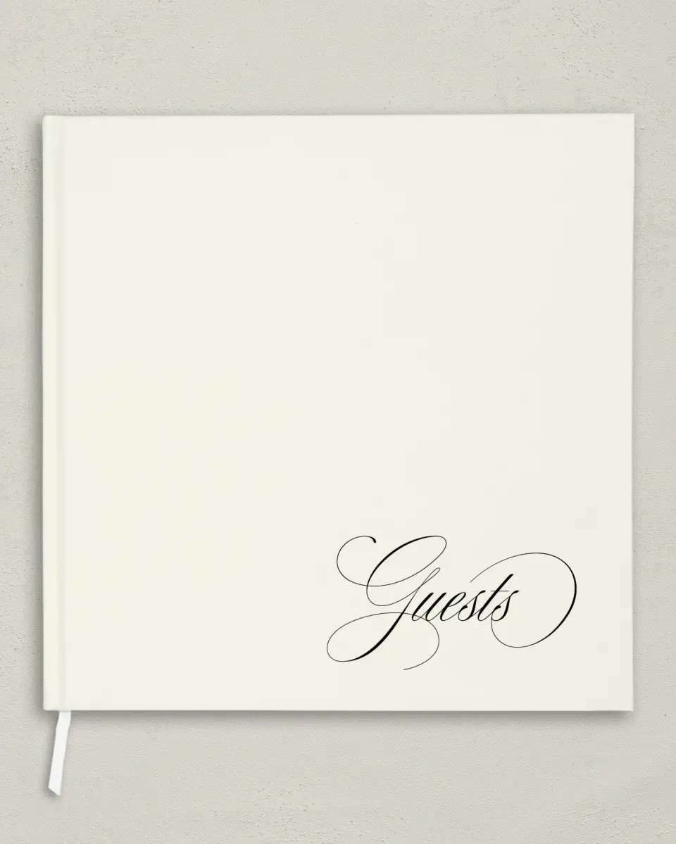 This is a 12" x 12" Wedding Guest Book called Sophisticated Script printed in full color