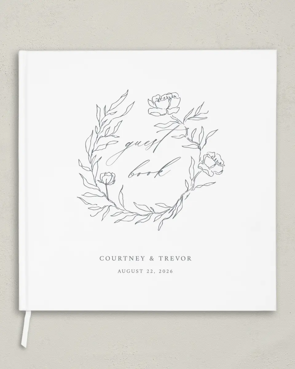 This is a 12" x 12" Wedding Guest Book called Whispering Wreath printed in full color