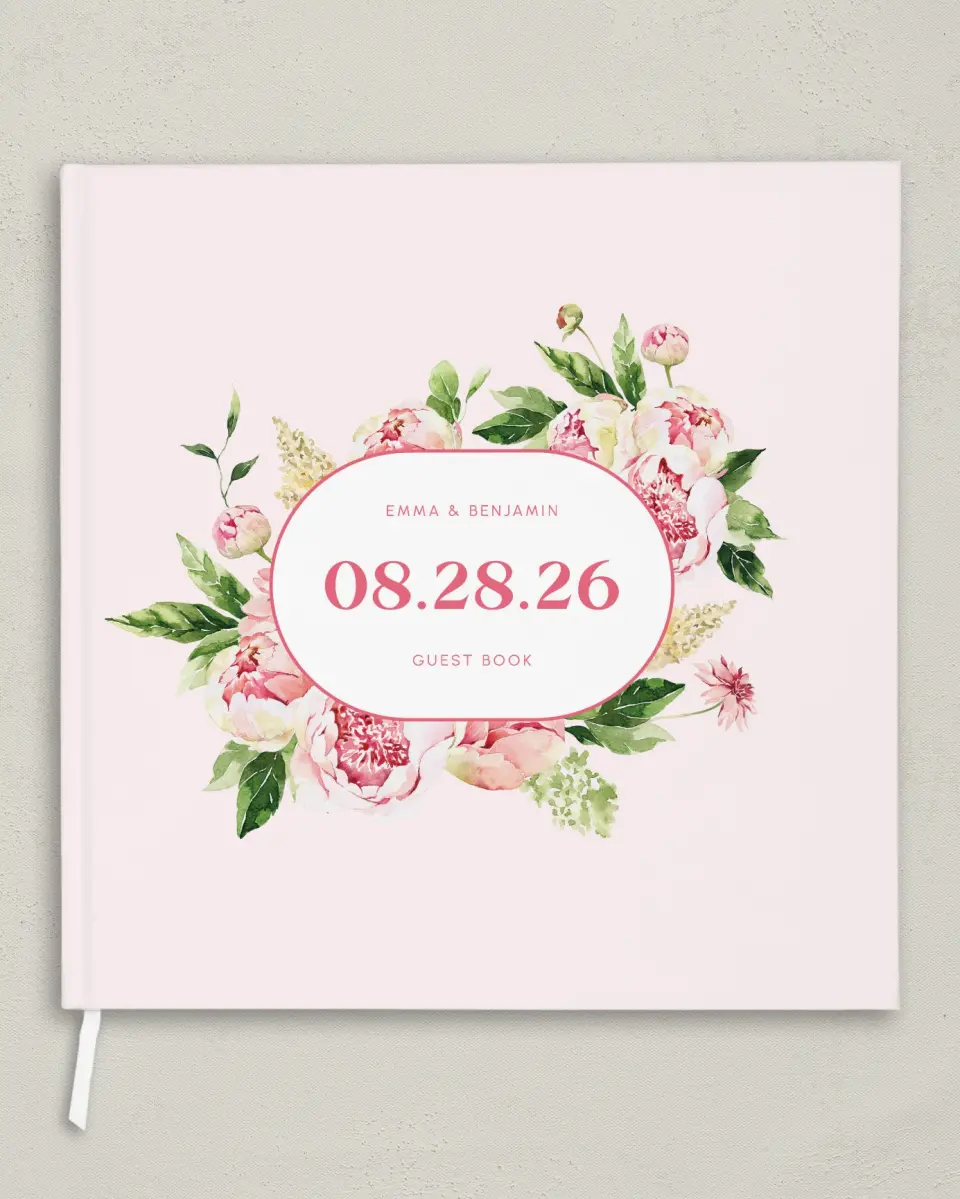 This is a 12" x 12" Wedding Guest Book called Pink Peonies printed in full color
