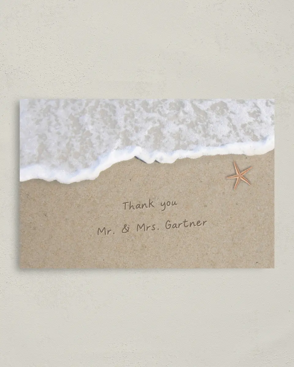 This is a 4" x 6" Folded Thank You Card called Beach I Love You in Sand printed in full color on Premium Smooth paper