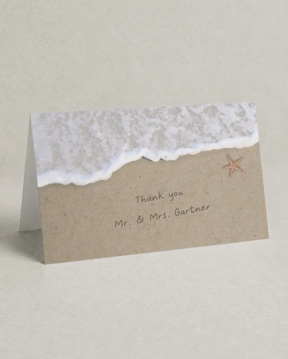 This is a 4" x 6" Folded Thank You Card called Beach I Love You in Sand printed in full color on Premium Smooth paper