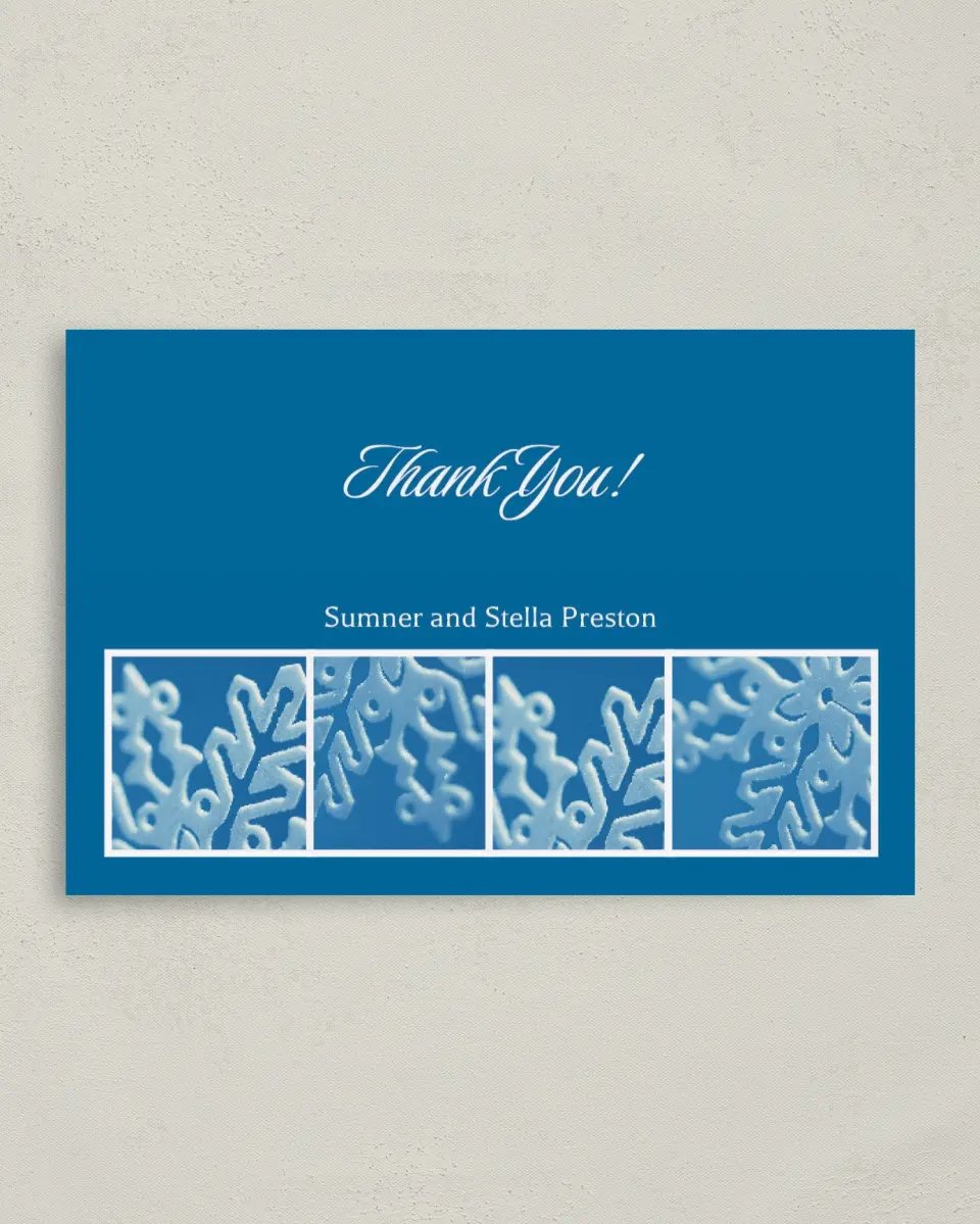 This is a 4" x 6" Folded Thank You Card called Snowflake Haven printed in full color on Premium Smooth paper
