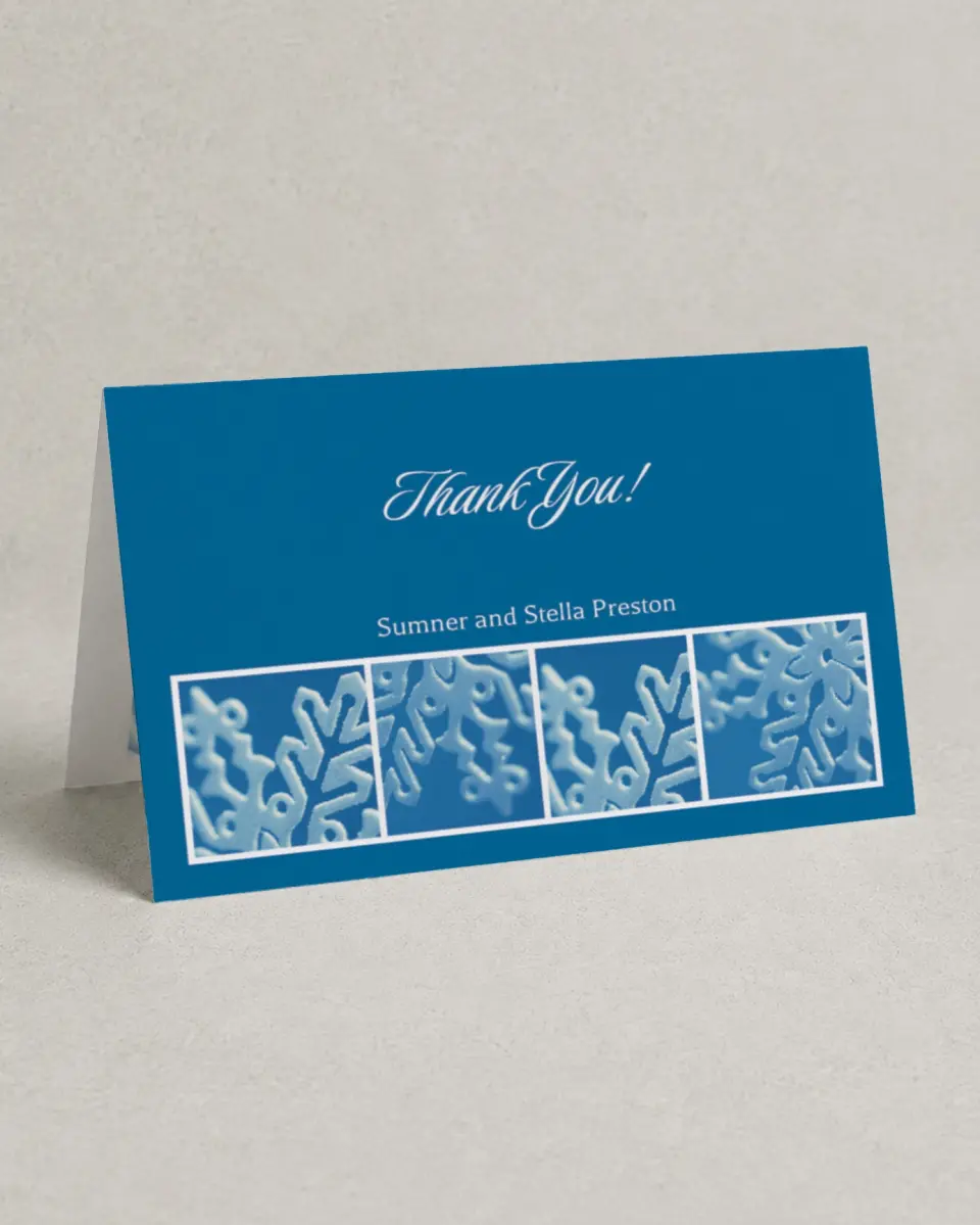 This is a 4" x 6" Folded Thank You Card called Snowflake Haven printed in full color on Premium Smooth paper