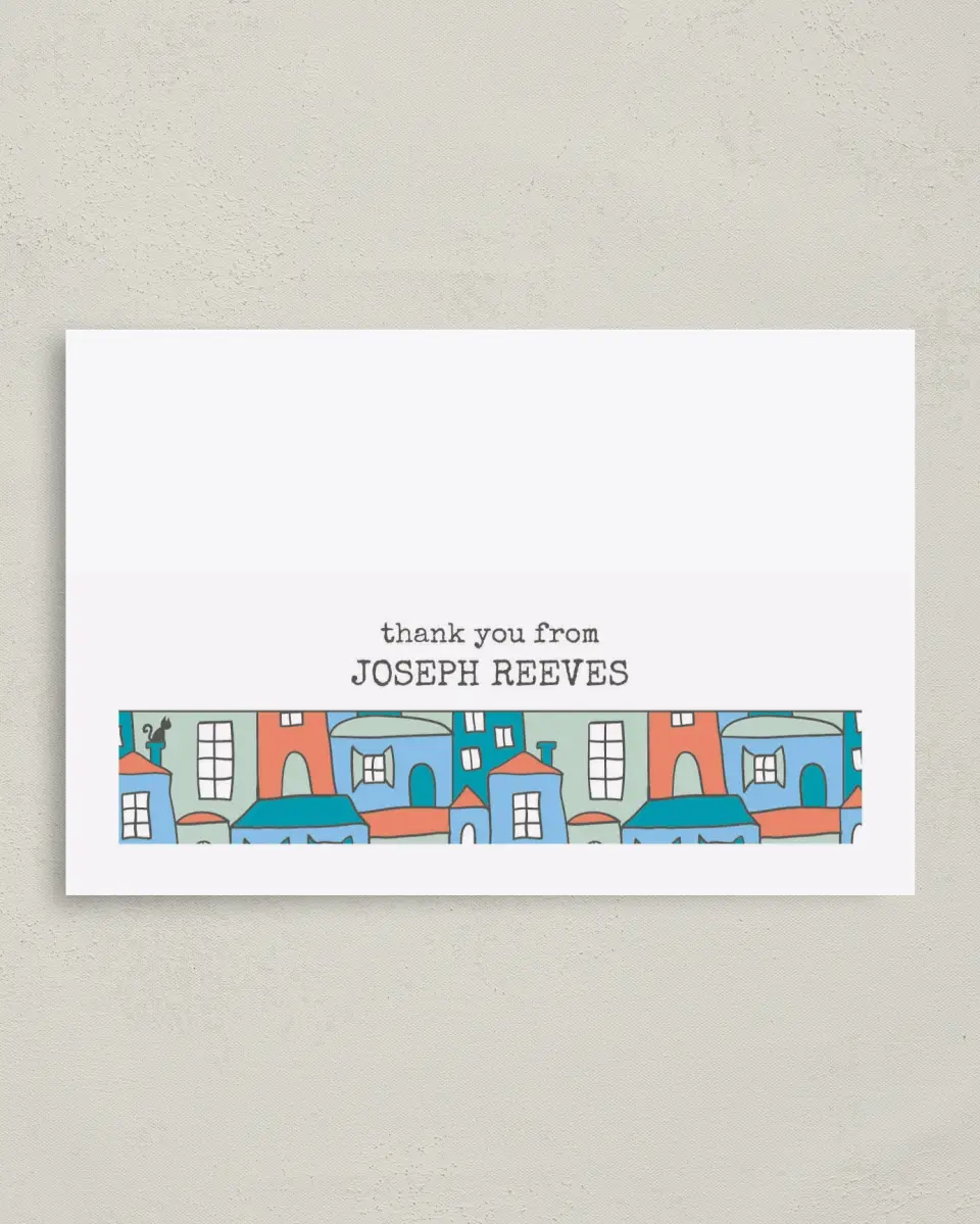 This is a 4" x 6" Folded Business Thank You Card called Neighborhood Mural printed in full color