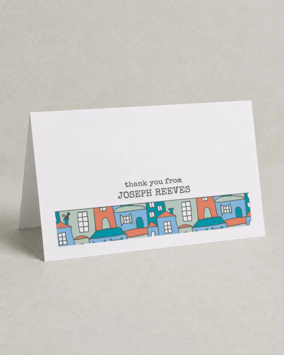 This is a 4" x 6" Folded Business Thank You Card called Neighborhood Mural printed in full color
