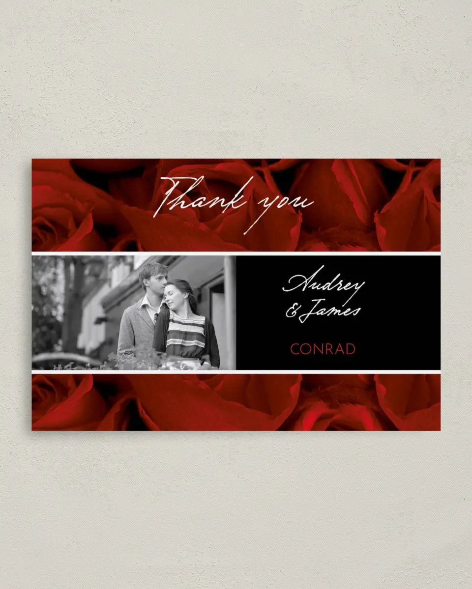 This is a 4" x 6" Folded Thank You Card called Dramatic Roses printed in full color on Premium Smooth paper