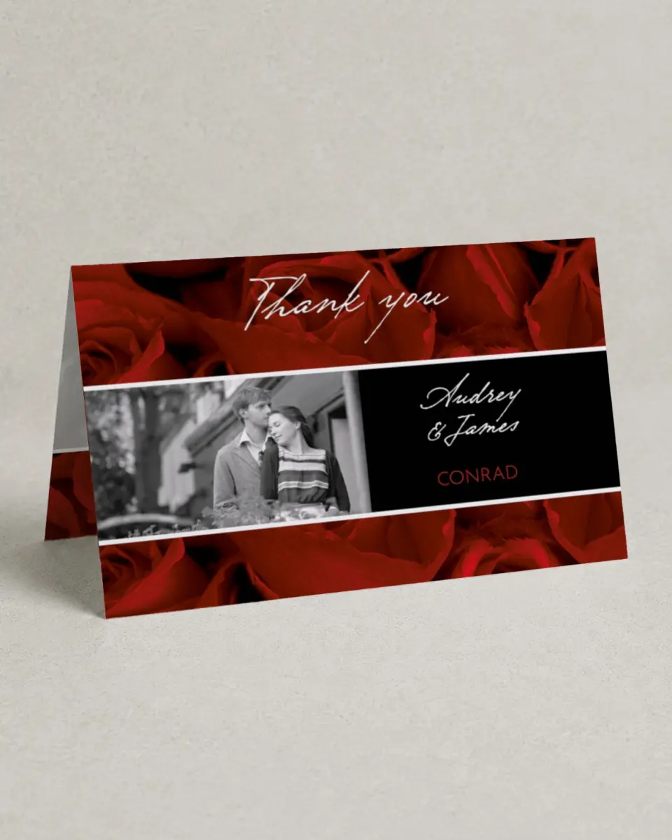 This is a 4" x 6" Folded Thank You Card called Dramatic Roses printed in full color on Premium Smooth paper