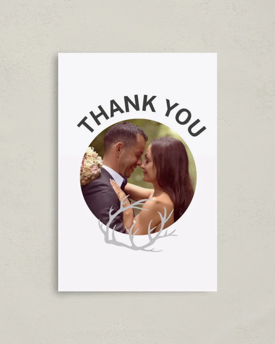 This is a 4" x 6" Folded Thank You Card called The Hunt is Over printed in full color on Premium Smooth paper