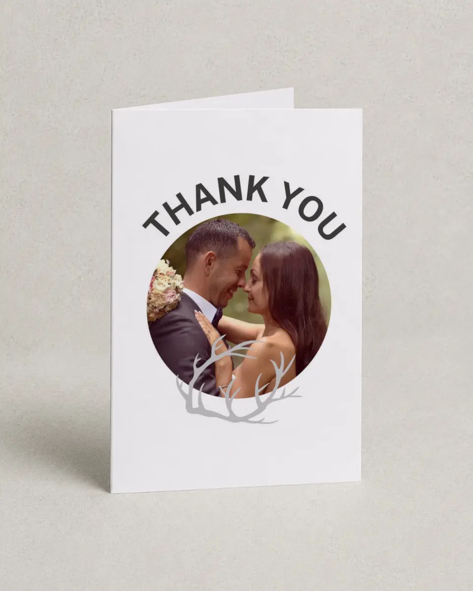This is a 4" x 6" Folded Thank You Card called The Hunt is Over printed in full color on Premium Smooth paper