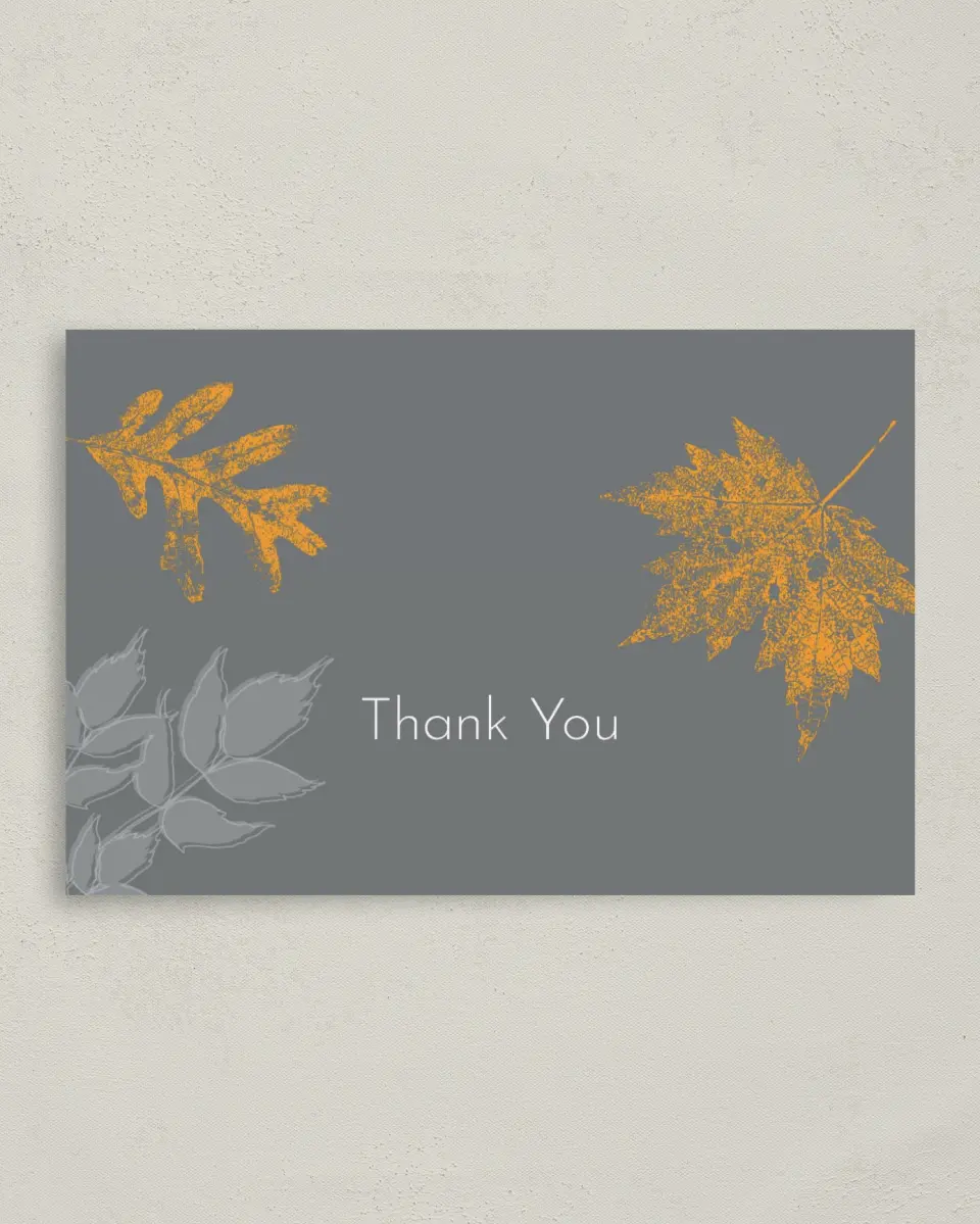 This is a 4" x 6" Folded Thank You Card called Autumn Stamp printed in full color on Premium Smooth paper