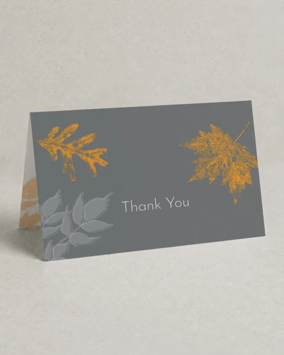 This is a 4" x 6" Folded Thank You Card called Autumn Stamp printed in full color on Premium Smooth paper