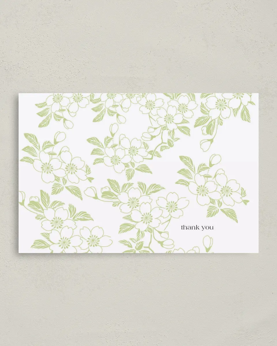 This is a 4" x 6" Folded Thank You Card called Lovely Blossoms printed in full color on Premium Smooth paper
