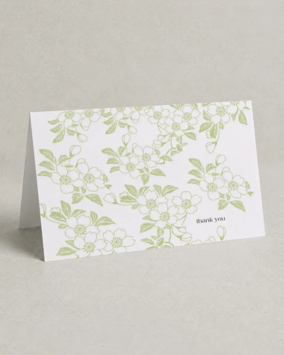 This is a 4" x 6" Folded Thank You Card called Lovely Blossoms printed in full color on Premium Smooth paper