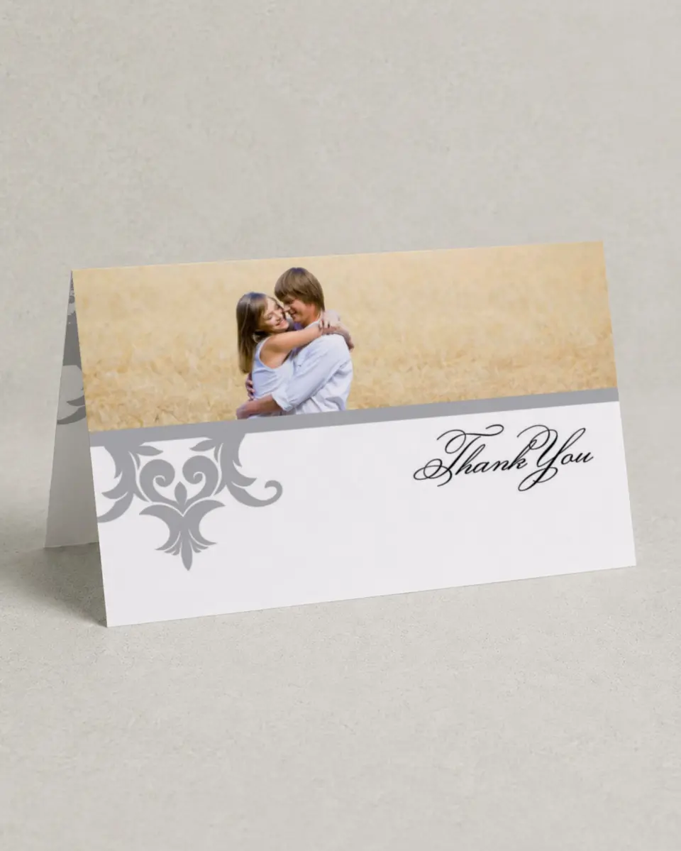 This is a 4" x 6" Folded Thank You Card called Damask Elegance printed in full color on Premium Smooth paper