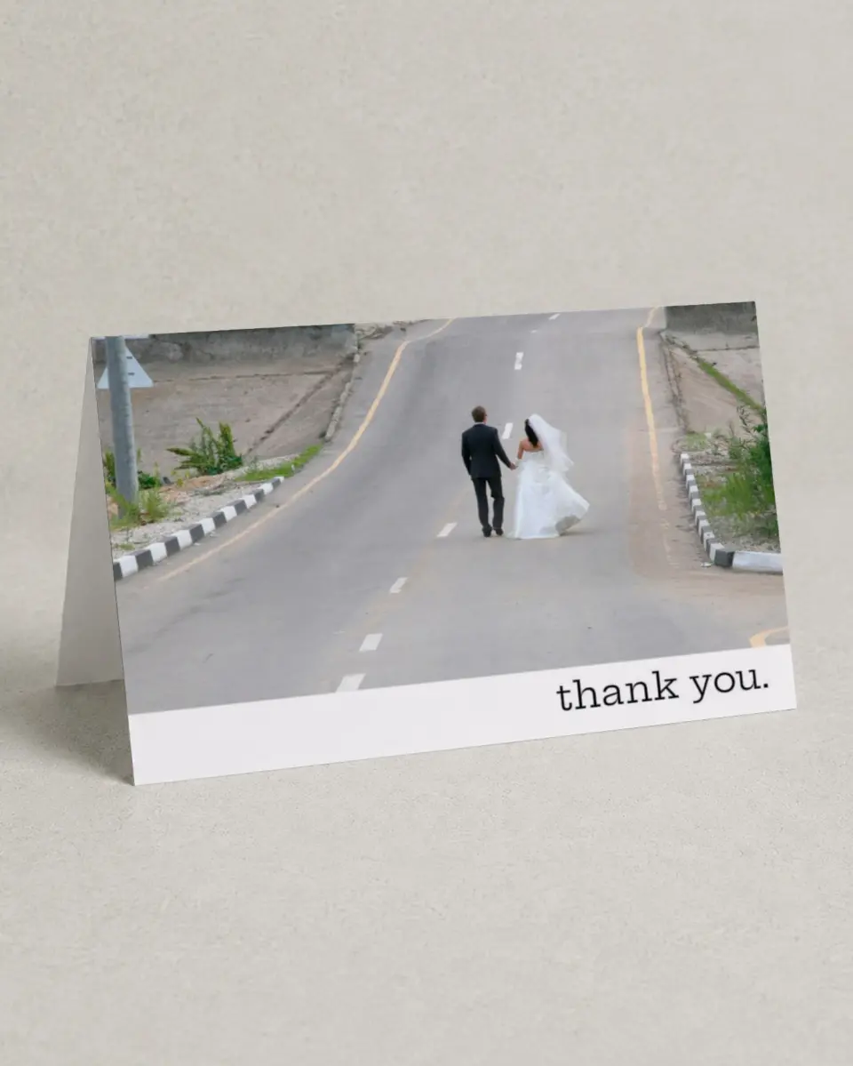 This is a 4" x 6" Folded Thank You Card called We do. printed in full color on Premium Smooth paper