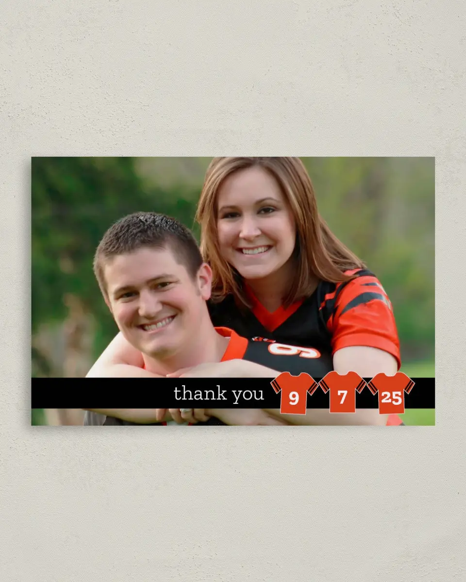 This is a 4" x 6" Folded Thank You Card called Jerseys printed in full color on Premium Smooth paper