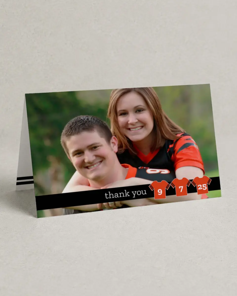 This is a 4" x 6" Folded Thank You Card called Jerseys printed in full color on Premium Smooth paper