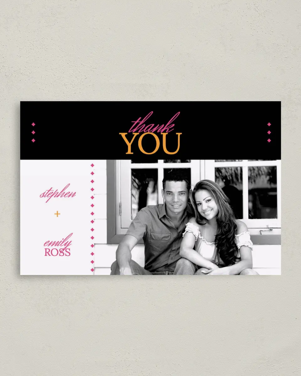This is a 4" x 6" Folded Thank You Card called Diamond Date printed in full color on Premium Smooth paper