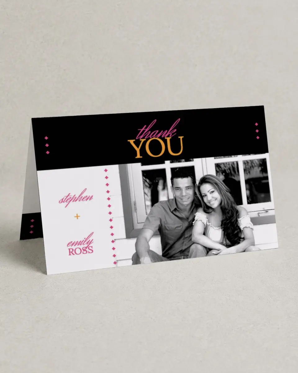 This is a 4" x 6" Folded Thank You Card called Diamond Date printed in full color on Premium Smooth paper