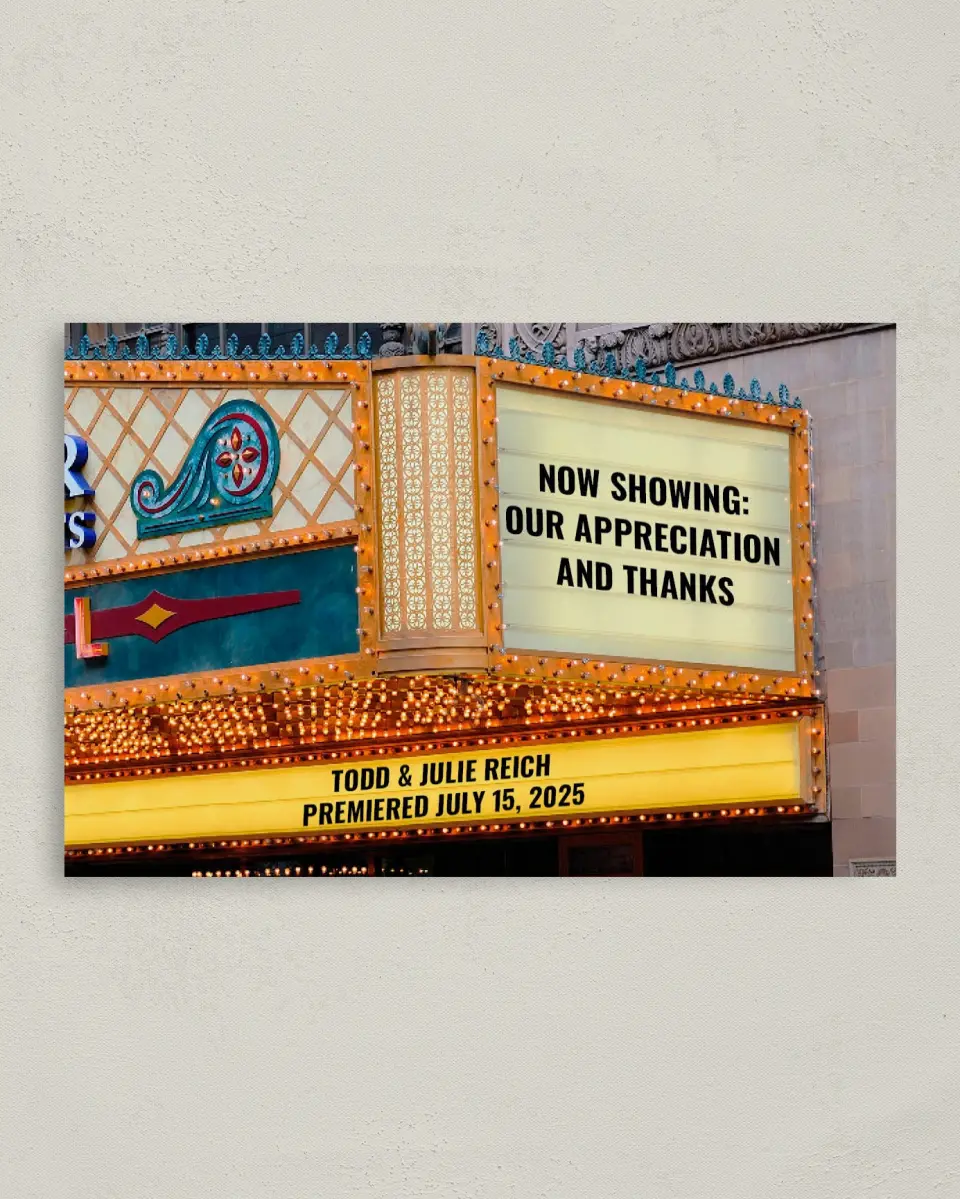 This is a 4" x 6" Folded Thank You Card called Marquee Theater printed in full color on Premium Smooth paper