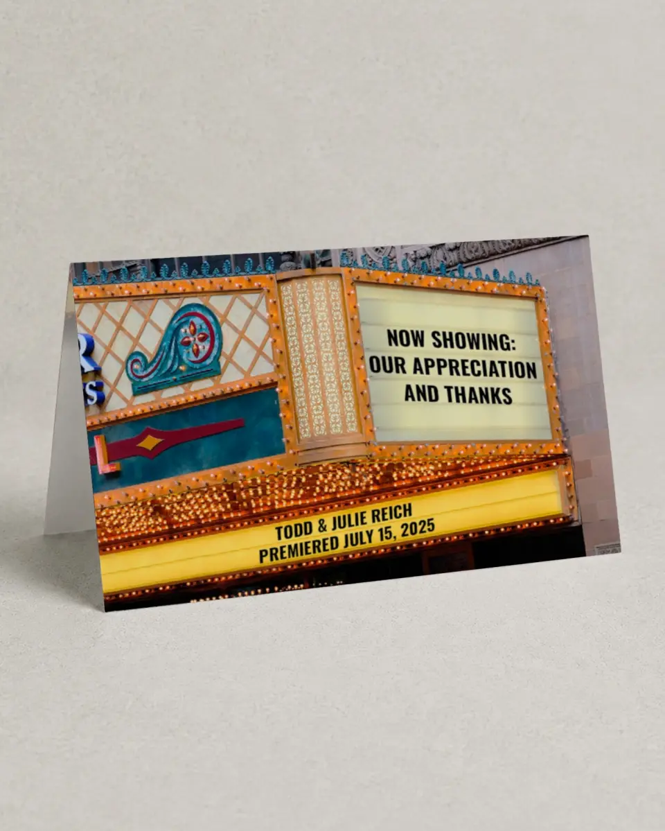 This is a 4" x 6" Folded Thank You Card called Marquee Theater printed in full color on Premium Smooth paper