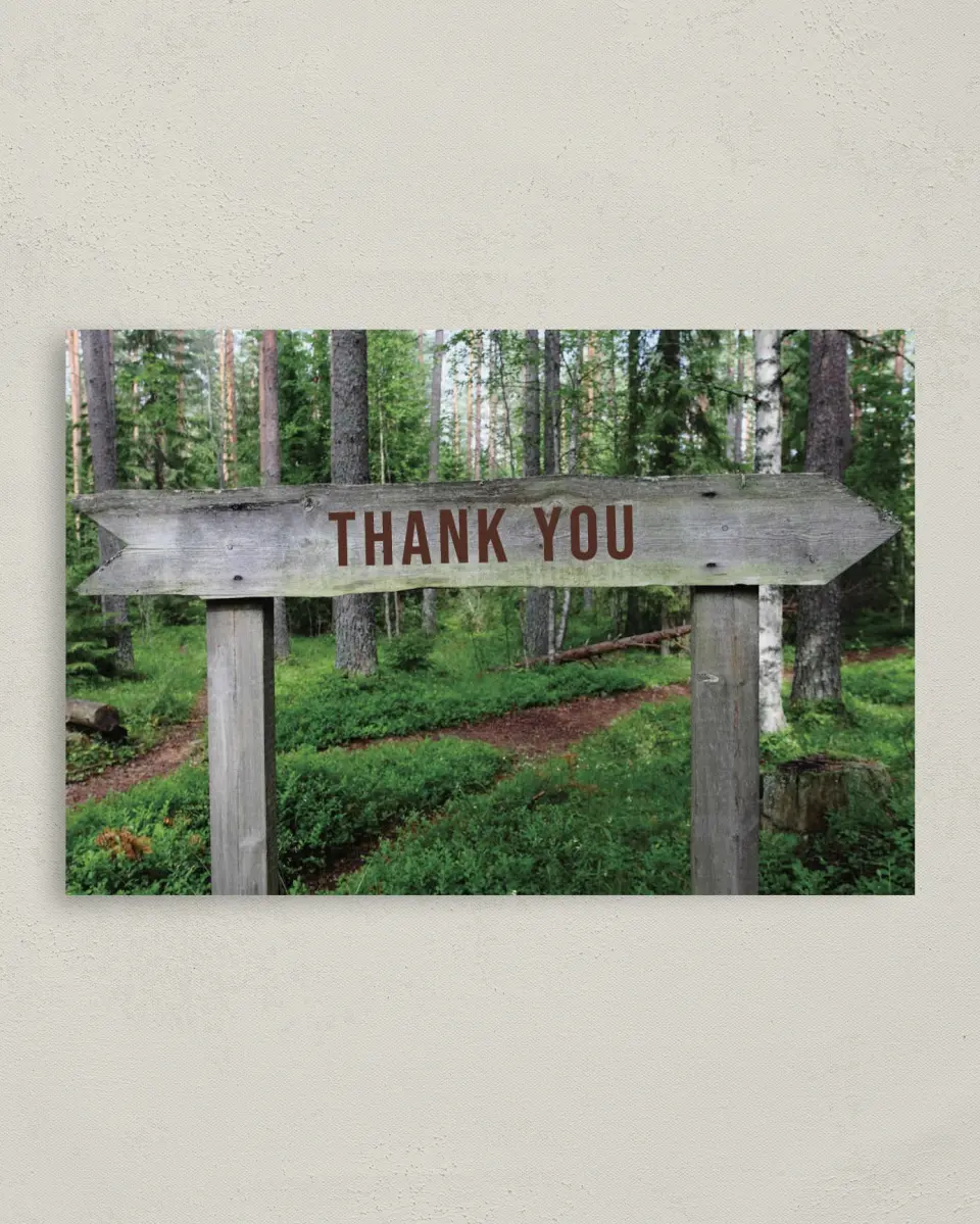This is a 4" x 6" Folded Thank You Card called Wooden Sign printed in full color on Premium Smooth paper